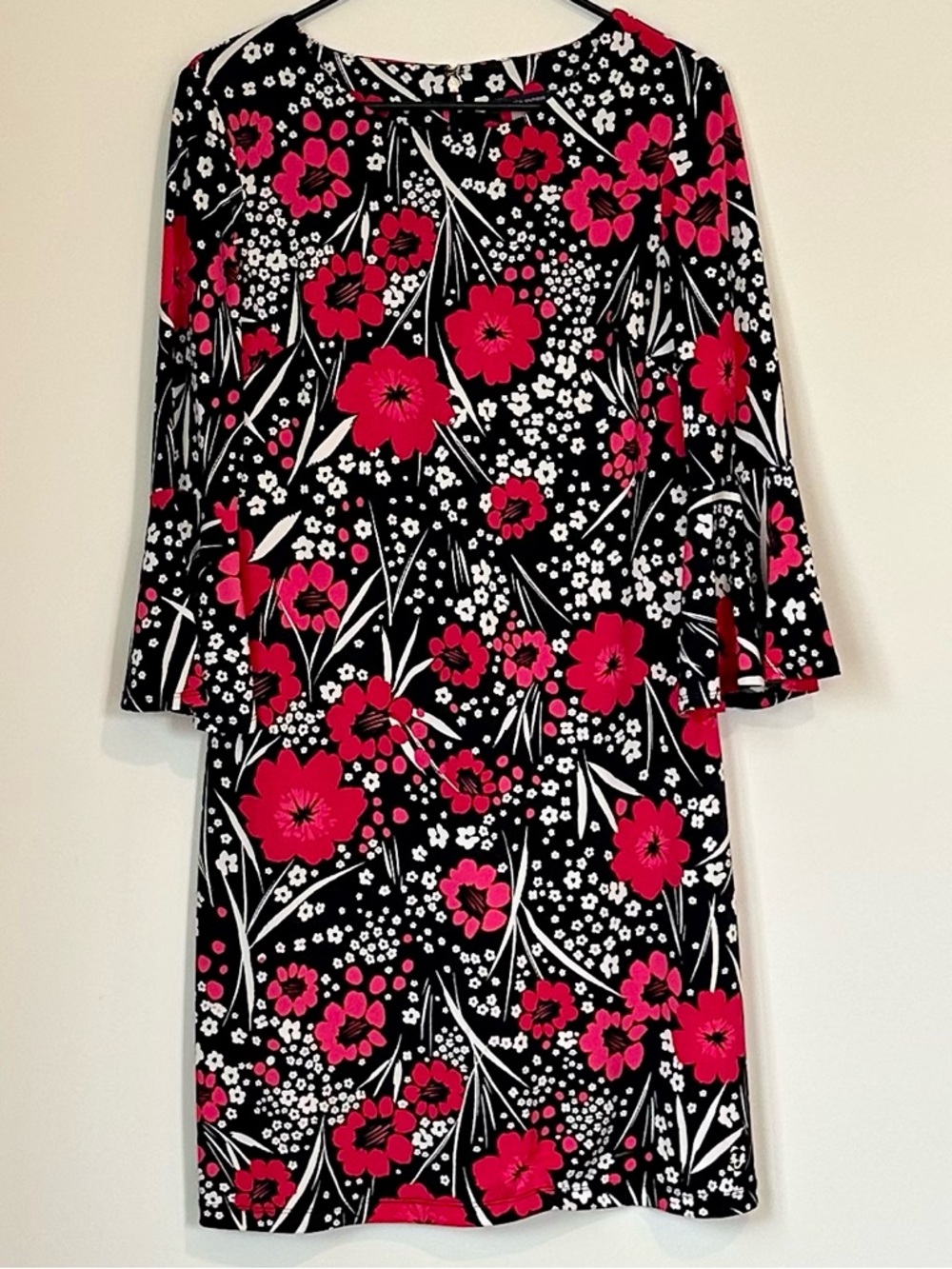 Tommy Hilfiger Black Dress with Hot Pink & White Floral Print and Bell Sleeves